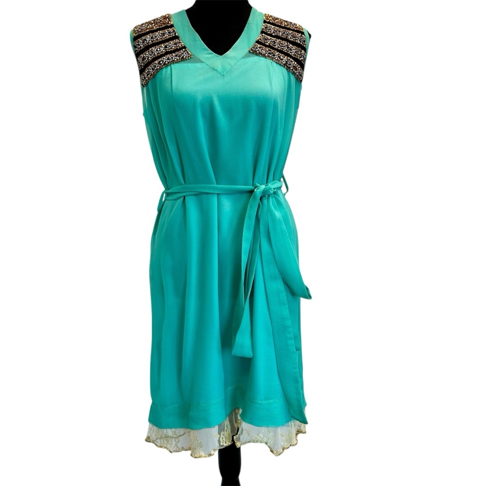 Bano & eeMee teal blue beaded rhinestone silk sleeveless short dress M NWT